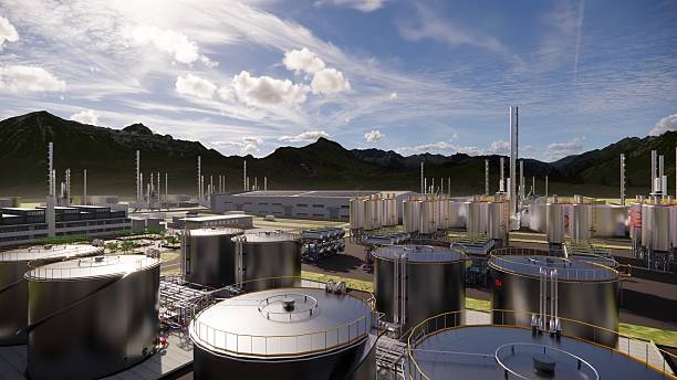 Bulk liquid storage tank farm with mountains beyond